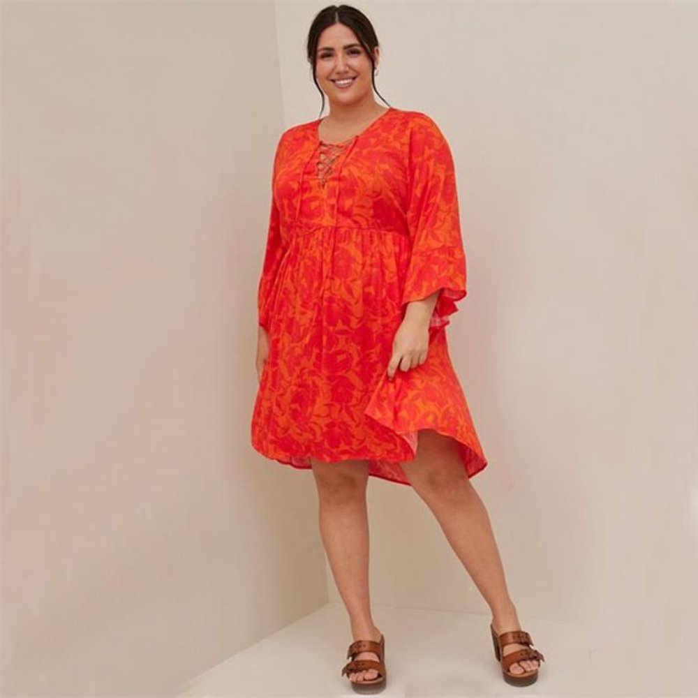 Torrid Lace Up Hi-Low Babydoll Dress - Stretch Challis Floral Orange Size XO 🚀